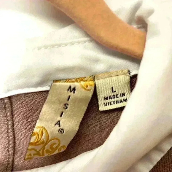 MISA Los Angeles Peter Pan Collar Swiss Dot Balloon Sleeve Top Size Large Taupe - Picture 2 of 7